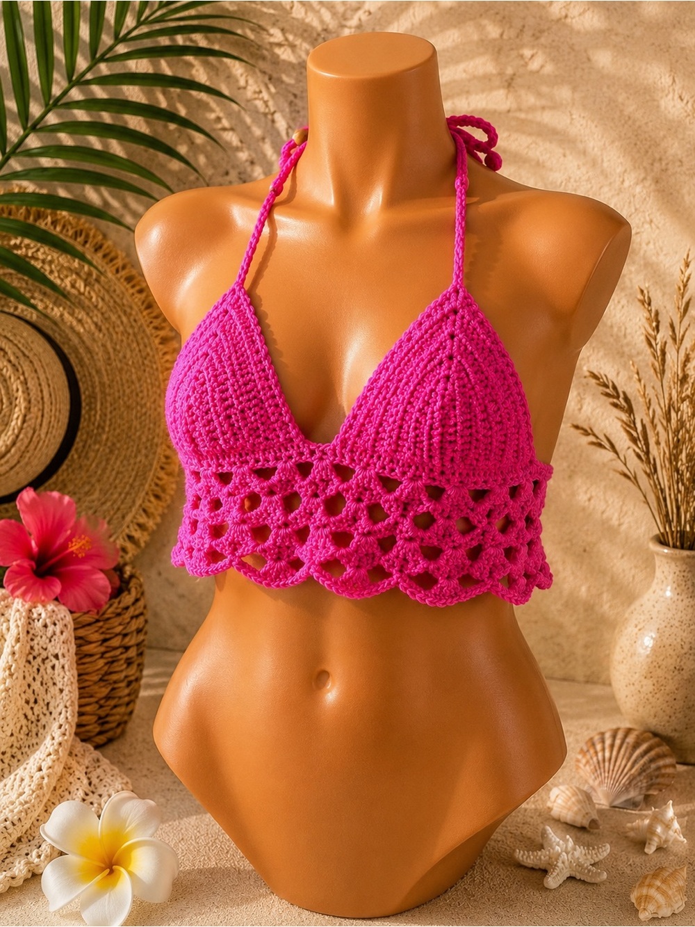 Women's Crochet Halter Bikini Top - Hot Pink